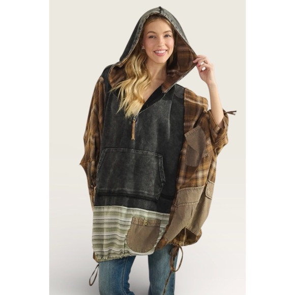 Oli & Hali Black Washed Plaid Half Zip Hoodie | Mixed Media Pullover - Picture 7 of 7